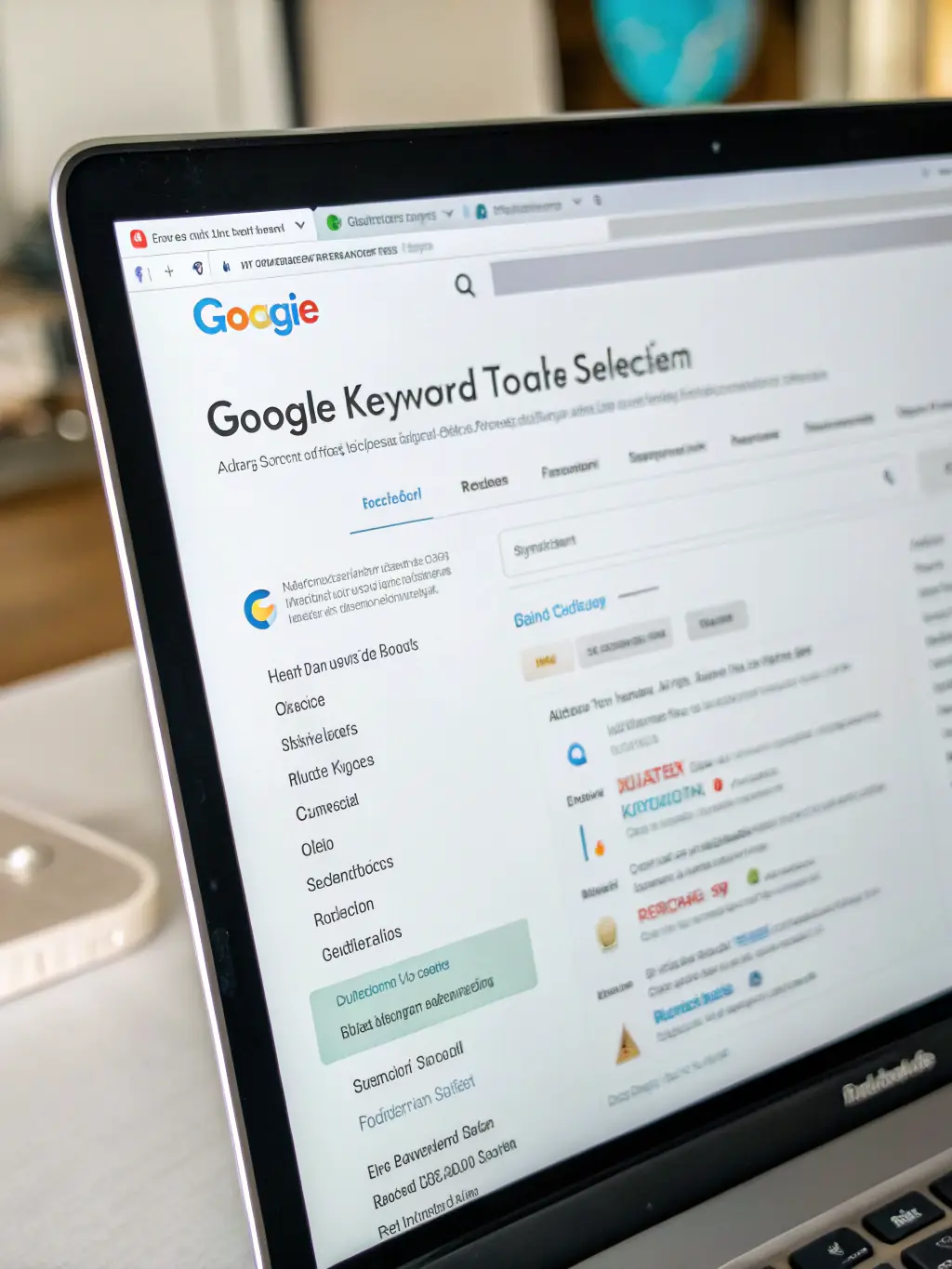 A close-up shot of a computer screen displaying the Google Ads interface, highlighting keyword research tools and data analysis graphs, in the context of Ads Ankara's keyword strategy.